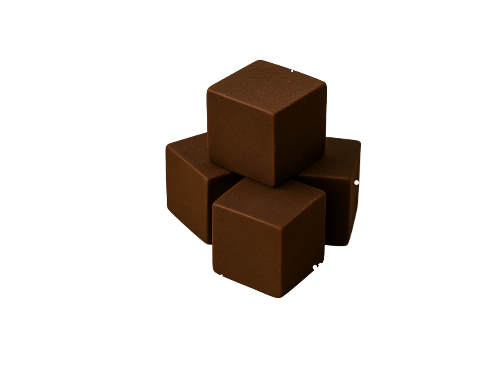 Cube de chocolat cru Nu et ses bienfaits illustrés : énergie, bien-être, satiété, microbiote, beauté de la peau et humeur.